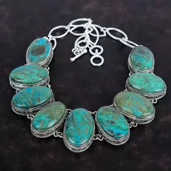 Ожерелье из драгоценных камней хризоколла, винтажное дизайнерское ювелирное изделие, ожерелье из стерлингового серебра 925 пробы, регулируемое ожерелье из цепочки, ожерелье ручной работы, подарки для жены