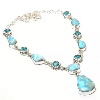 Ожерелье из драгоценных камней Ларимар и Голубой Топаз, Посеребренное Ожерелье 925 пробы, Ожерелье из камня различной формы, Ювелирные изделия из камня круглой формы с синим топазом 18 Inches синий