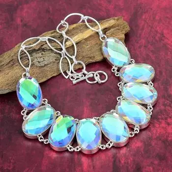 Ожерелье из драгоценных камней ручной работы с радужным мистическим топазом, антикварное ювелирное ожерелье из стерлингового серебра 925 пробы, для подарка на помолвку Adjustable with 18 inches белый