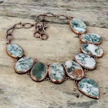 Ожерелье из древесного агата, медное ожерелье из гальванопластики, регулируемое ожерелье-цепочка, ювелирные изделия из гальванического камня, ожерелье из драгоценных камней ручной работы, подарок для женщин