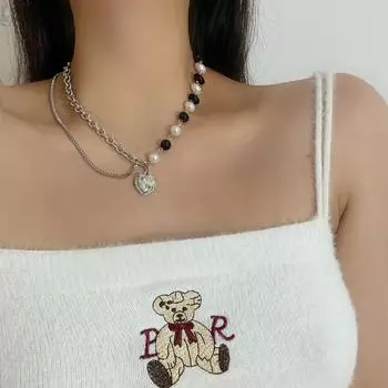 Ожерелье из двух частей любви с черным и белым жемчугом, женский дизайн Tide Niche, милая и классная цепочка на ключицу, аксессуары для цепочек свитеров