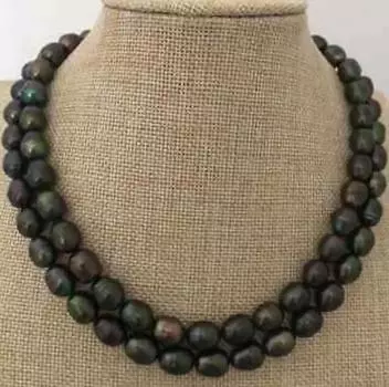 Ожерелье из двух нитей 9-10 мм с таитянским черным зеленым жемчугом в стиле барокко длиной 35 дюймов