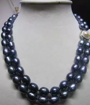 Ожерелье из двух нитей таитянского черного и зеленого барочного жемчуга 9-10 мм, 18-19 дюймов