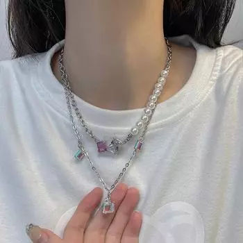 Ожерелье из двухслойного кубического жемчуга из титановой стали - стильная цепочка для свитера с жемчугом для женщин Diamond Pearl Necklace