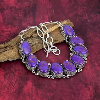 Ожерелье из фиолетовой меди и бирюзы, ювелирные изделия из стерлингового серебра 925 пробы, регулируемое ожерелье из драгоценных камней, подарок для нее, изящные ювелирные изделия ручной работы Adjustable With 18 Inches фиолетовый