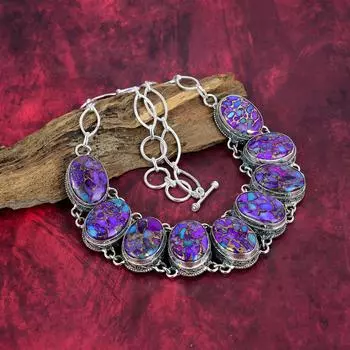 Ожерелье из фиолетовой меди и бирюзы, ювелирные изделия из стерлингового серебра 925 пробы, регулируемое ожерелье из драгоценных камней, подарок для нее, изящные ювелирные изделия ручной работы Adjustable With 18 Inches фиолетовый