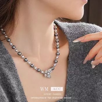 Ожерелье из французского ретро-циркона с бабочкой из жемчуга – элегантная высококачественная цепочка на ключицу для осени и зимы Pearl 6-8mm серый