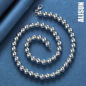 Ожерелье из гладкого серебра 925 пробы с бусинами 8 мм, модные свадебные украшения 45CN