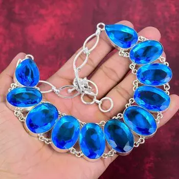 Ожерелье из голубого топаза, ювелирные изделия из цельного серебра 925 пробы с драгоценными камнями, ожерелье ручной работы на День благодарения Adjustable with 18 inches синий