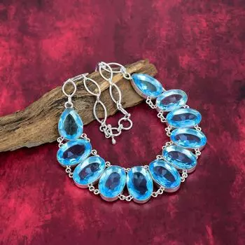 Ожерелье из голубого топаза, ювелирные изделия из цельного серебра 925 пробы с драгоценными камнями, ожерелье ручной работы на День благодарения Adjustable with 18 inches синий