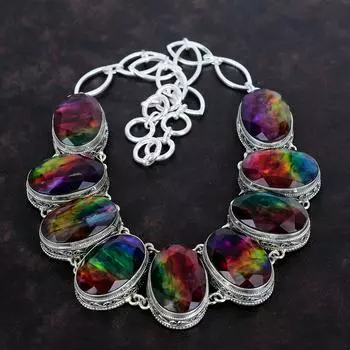 Ожерелье из граненого аммолита, ожерелье из стерлингового серебра 925 пробы, регулируемая цепочка ручной работы, драгоценные камни, ювелирные изделия, подарки для матери, винтажное ожерелье