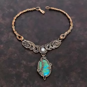 Ожерелье из хризоколлы Медная проволока Ожерелье Радужное ожерелье из лунного камня Драгоценный камень Медные украшения Дизайнерское ожерелье ручной работы Подарок для нее