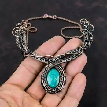 Ожерелье из хризоколлы с драгоценными камнями, ювелирные изделия из медной проволоки, медное ожерелье ручной работы, уникальное ожерелье, подарок для мамы, красивое ожерелье из проволочной обмотки