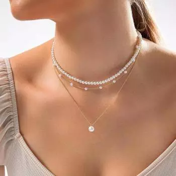 Ожерелье из искусственного жемчуга для женщин, позолоченное многослойное ожерелье из искусственного жемчуга, белое колье из искусственного жемчуга для свадебных украшений золотистый