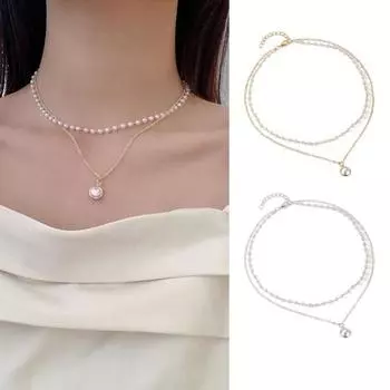 Ожерелье из искусственного жемчуга, милая двухслойная прочная элегантная минималистичная винтажная цепочка на ключицы для женщин серебряный