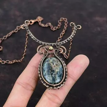 Ожерелье из кианита, ожерелье из медной проволоки, регулируемое ожерелье ручной работы, изумительное медное ювелирное изделие, ожерелье из настоящего драгоценного камня, подарок на помолвку