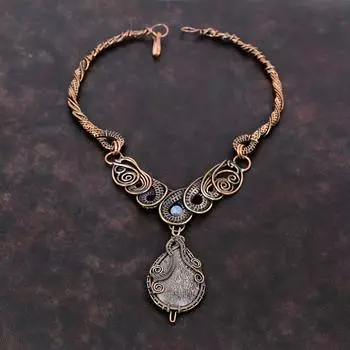 Ожерелье из кости динозавра и драгоценного камня, ожерелье из медной проволоки, медные украшения, ожерелье из лунного камня, подарок на годовщину, ювелирные изделия ручной работы из проволочной обмотки