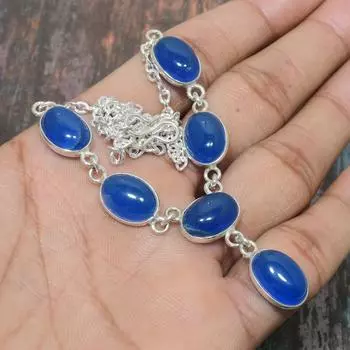 Ожерелье из красивого синего оникса с драгоценным камнем ручной работы из стерлингового серебра 925 пробы 18 Inches синий