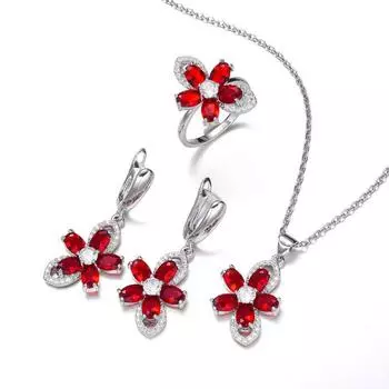 Ожерелье из красного циркония, серьги, цветочные украшения, кулон с имитацией ювелирных изделий, комплект цветочных украшений, многоцветный. Size 6 ring set красный