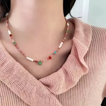 Ожерелье из красного камня, цепочка на ключицу из натурального камня, подвеска в виде зеленого донглинга, цепочка на шею из агата с бусинами и жемчугом Dopamine Premium Sense.