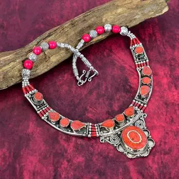 Ожерелье из красного коралла из стерлингового серебра 925 пробы, серебряное ожерелье, старинное ожерелье в стиле бохо, ювелирные изделия ручной работы, непальское ожерелье в подарок жене 18 Inches красный