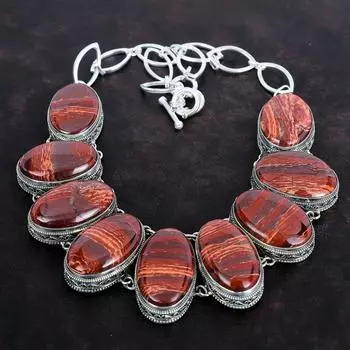 Ожерелье из красного змеиного яшмового камня, ожерелье ручной работы, винтажные ювелирные изделия, ожерелье из стерлингового серебра 925 пробы, регулируемое ожерелье-цепочка, подарок для нее