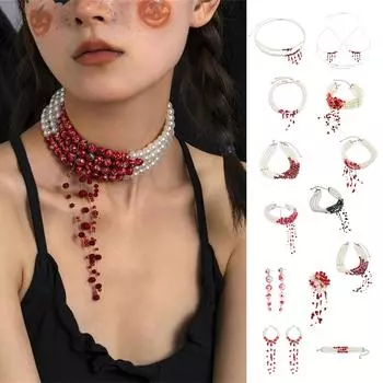Ожерелье из кровавого жемчуга, готическое ожерелье на Хэллоуин, колье-чокер из жемчуга для женщин, ожерелье из капающего кровавого жемчуга, ювелирные изделия, костюм для вечеринки на Хэллоуин, подарок One Size