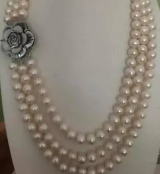 Ожерелье из круглого белого жемчуга Южного моря 9-10 мм в 3 ряда