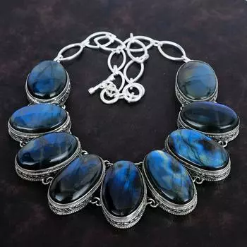 Ожерелье из лабрадорита, драгоценный камень, винтажное ожерелье, ожерелье из стерлингового серебра 925 пробы, регулируемое ожерелье из цепочки, старинные ювелирные изделия ручной работы, подарок для жены