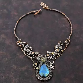 Ожерелье из лабрадорита, ожерелье из медной проволоки, регулируемое ожерелье, драгоценный камень, ожерелье ручной работы, очень красивые медные украшения, подарок на годовщину