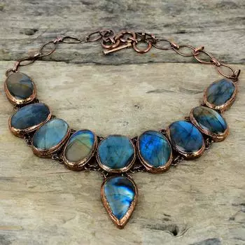 Ожерелье из лабрадорита Ожерелье из гальванизированной меди Регулируемая цепочка Ожерелье Ювелирные изделия ручной работы Ожерелье из драгоценных камней Подарки для нее Медные украшения