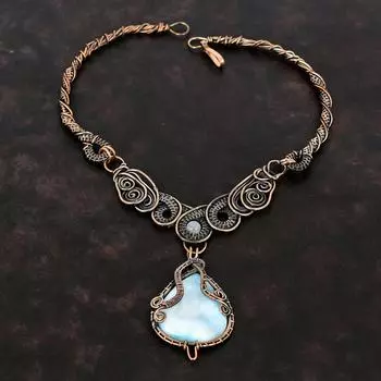 Ожерелье из ларимара, ожерелье из медной проволоки, элегантные ювелирные изделия ручной работы, ожерелье из радужного лунного камня, ожерелье из медной проволоки, ювелирное изделие, подарок для нее