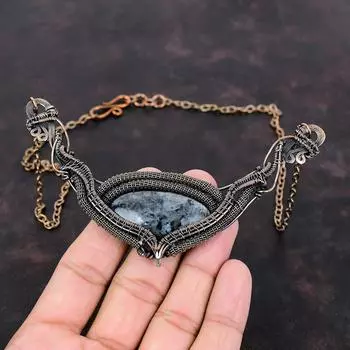 Ожерелье из ларвикита, обернутое медной проволокой, ожерелье из драгоценных камней ручной работы, ювелирные изделия из ларвикита, регулируемое ожерелье из меди, подарок для матери