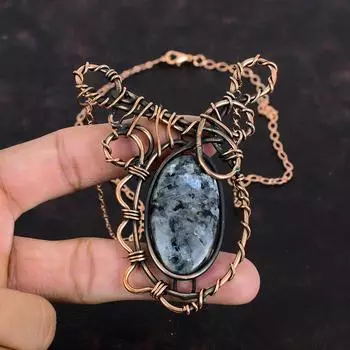 Ожерелье из ларвикита, ожерелье из медной проволоки, регулируемое ожерелье из цепочки, драгоценные камни, медные украшения ручной работы, новое ожерелье, подарки для мамы
