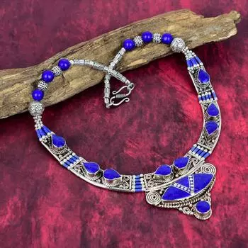Ожерелье из лазурита, ювелирные изделия ручной работы из Непала, ожерелье из стерлингового серебра 925 пробы, дизайнерское ожерелье с драгоценными камнями, подарок для мамы 18 Inches синий