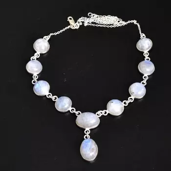 Ожерелье из лунного камня 925 пробы, овальное ожерелье ручной работы с драгоценными камнями, подарок для ее мамы, подарок на годовщину 18 Inch белый