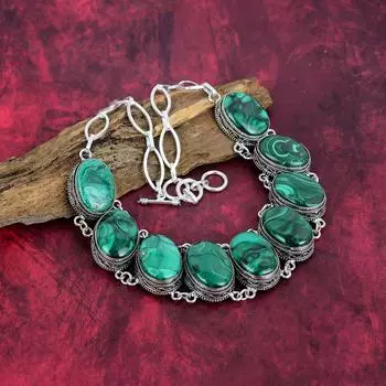 Ожерелье из малахита, регулируемая цепочка из стерлингового серебра 925 пробы. Подарок для женщин ожерелье ручной работы ювелирные изделия из драгоценных камней Adjustable With 18 Inches зелёный