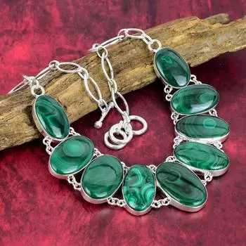 Ожерелье из малахита, регулируемое ожерелье-цепочка из стерлингового серебра 925 пробы, подарок для женщин, ожерелье ручной работы, ювелирные изделия из драгоценных камней Adjustable with 18 inches зелёный