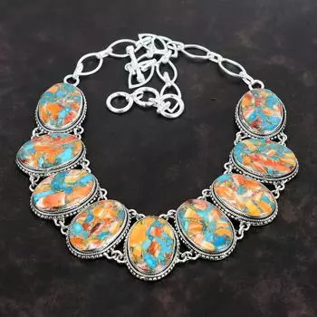 Ожерелье из медно-бирюзового драгоценного камня Spiny Oyster, ожерелье из стерлингового серебра 925 пробы, регулируемая цепочка ручной работы, винтажное ювелирное украшение, подарок для мамы