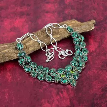 Ожерелье из медного малахита и азурита, ювелирные изделия из драгоценных камней, ожерелье из стерлингового серебра 925 пробы, регулируемое ожерелье-цепочка ручной работы, подарок для ювелирных изделий для жены Adjustable With 18 Inches зелёный