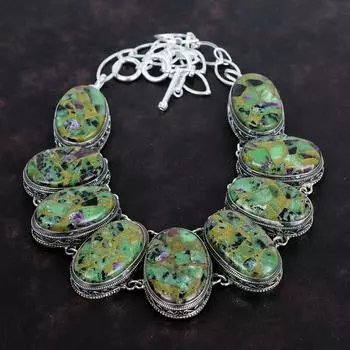 Ожерелье из медного рубина и цоизита, ожерелье из стерлингового серебра 925 пробы, регулируемая цепочка, винтажное ожерелье, ювелирные изделия ручной работы из драгоценных камней, свадебные подарки