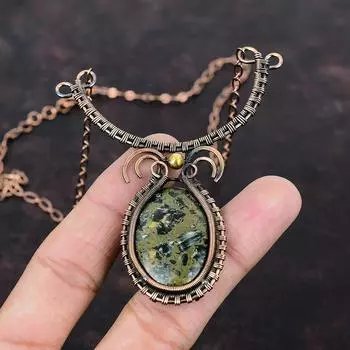 Ожерелье из медного серафинита и драгоценного камня Ожерелье из медной проволоки Регулируемое ожерелье Медные украшения ручной работы Ожерелье в стиле бохо Подарок на помолвку