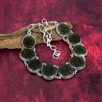 Ожерелье из молдавита, ювелирные изделия из цельного серебра 925 пробы, ожерелье из драгоценных камней, подарок для нее, изящные ювелирные изделия ручной работы Adjustable With 18 Inches зелёный