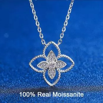 Ожерелье из муассанита с родиевым покрытием 0,04 карата, клевер для женщин, подарок на свадьбу, день рождения, стерлинговое серебро 925 пробы, кулон GRA 45cm