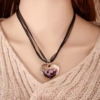 Ожерелье из муранской спирали, инкрустированное цветами, ожерелье из ленты, подвеска в виде цветка, стеклянное сердце, подвеска фиолетовый