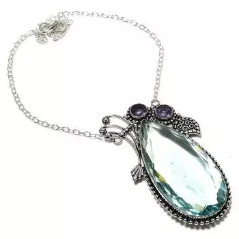 Ожерелье из натурального аква-апатита и аметиста из стерлингового серебра 925 пробы 18 дюймов n5W72