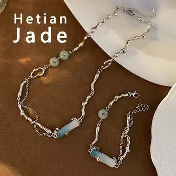 Ожерелье из натурального бамбука с инкрустацией в китайском стиле из натурального нефрита Хэтянь для женщин Bracelet