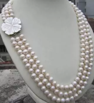 Ожерелье из натурального белого жемчуга 3 ряда 8-9 мм
