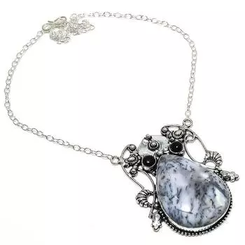 Ожерелье из натурального дендритового опала и оникса из стерлингового серебра 925 пробы, 18 дюймов t1f33