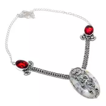 Ожерелье из натурального дендритового опала и граната из стерлингового серебра 925 пробы, 18 дюймов, N6y53